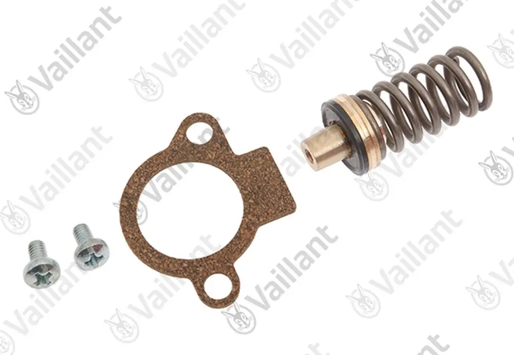 Vaillant Wassermangelventil mit einer Feder, einer Dichtung und zwei Schrauben. Das Ventil hat eine zylindrische Form und ist für den Einsatz in Heizungsanlagen geeignet.